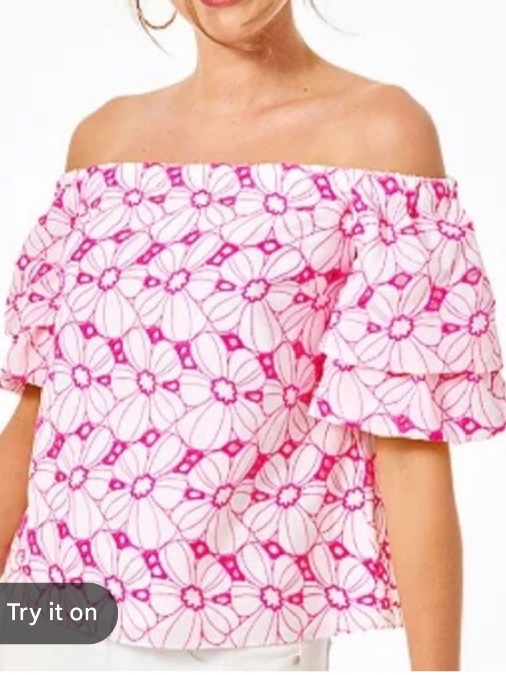 LILLY PULITZER LESLEY TOP, RAZBERRY BOTANICAL CHIFFON EYELET Size Large $168